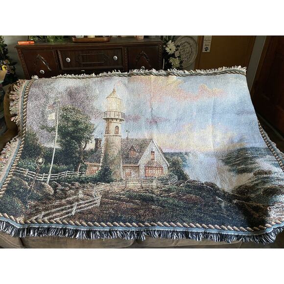 Thomas Kincade Woven Tapestry USA Lighthouse Scene Heavyweight 65 X 44 - Picture 2 of 7